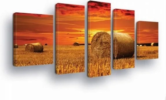 Vászonkép 170x100 Naplemente mező szalma bálák ősz táj vidéki nyugalom