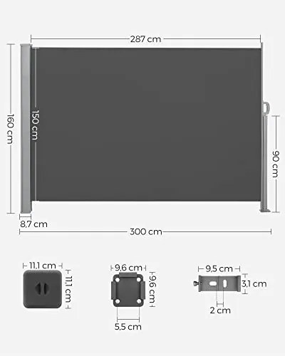 Oldalsó terasznapellenző, belátásgátló, szürke, 160 x 300 cm