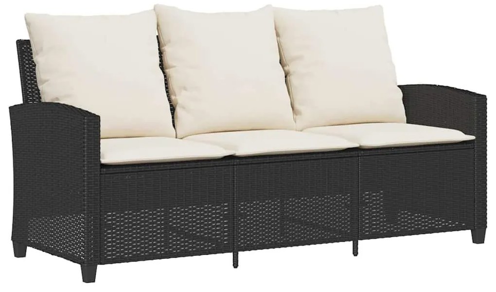 3 személyes fekete polyrattan kerti kanapé asztallal&amp;párnával