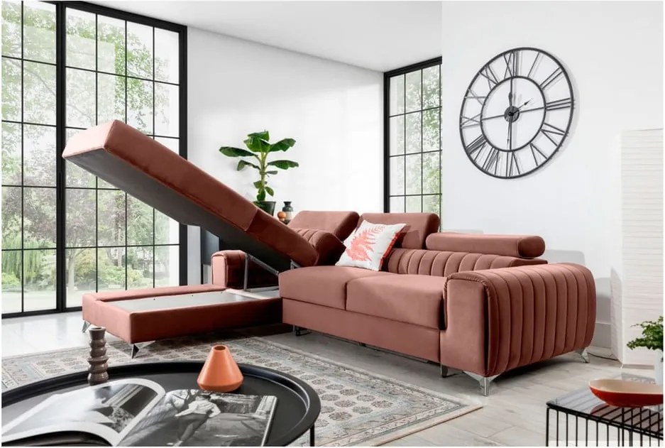 Rózsaszín bársony kinyitható-tárolóhelyes sarokkanapé (bal oldali-heverő résszel) Grayson – ELTAP