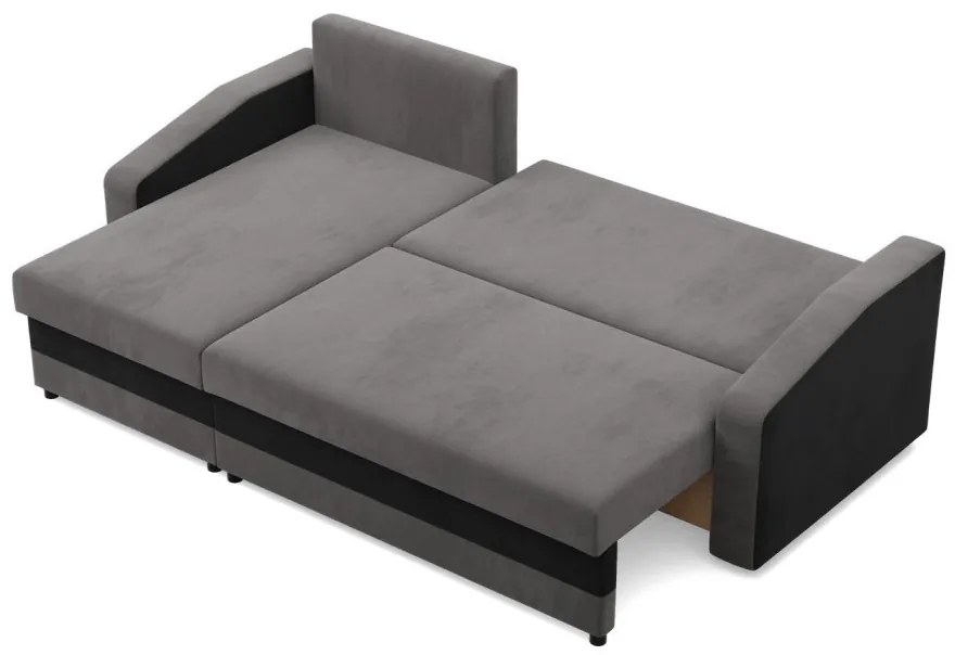 Hewlet sarokkanapé, 2 ágyneműtartóval, szövet anyag, univerzális oldal, bonell töltet, szürke - fekete