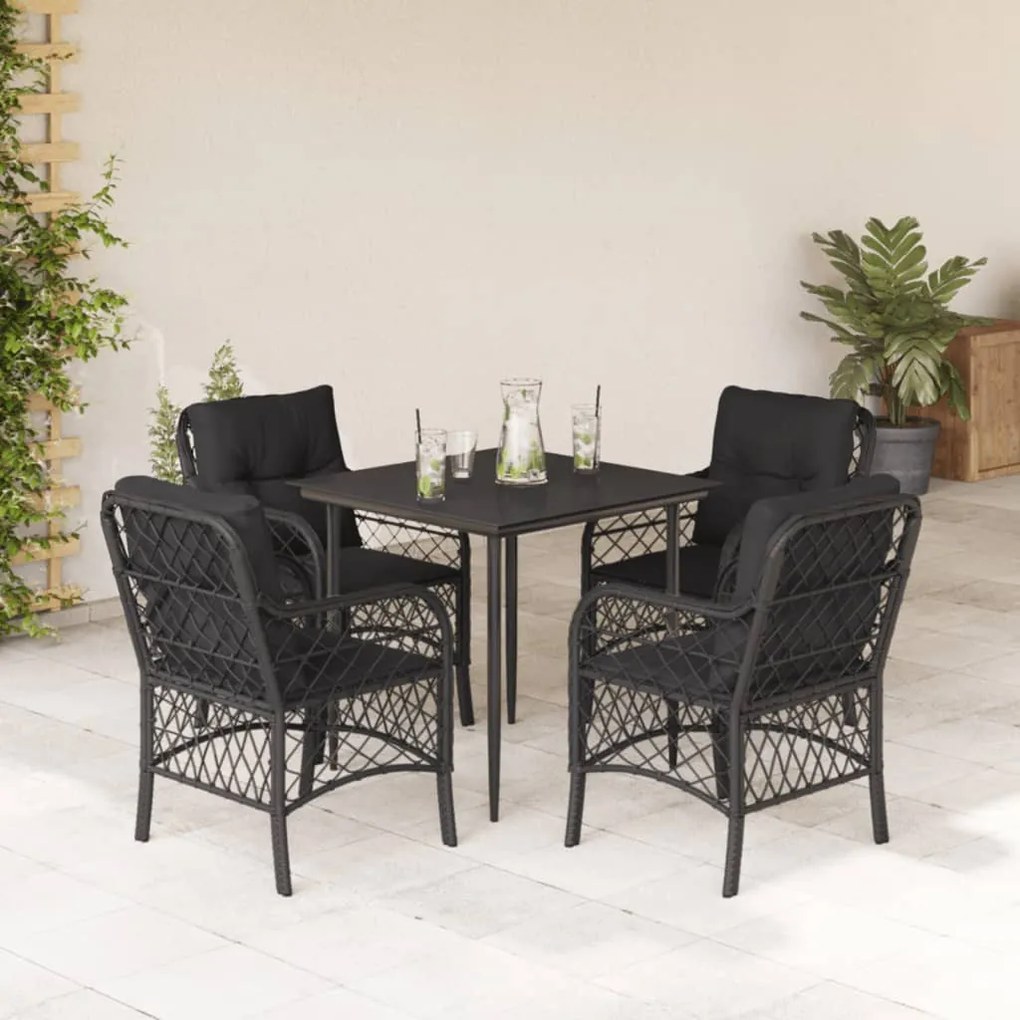 5 részes fekete polyrattan kerti étkezőgarnitúra párnákkal