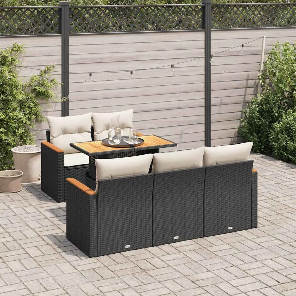 6 részes fekete polyrattan akácfa kerti ülőgarnitúra párnákkal