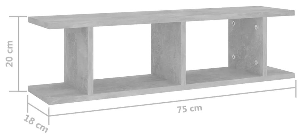 2 db betonszürke szerelt fa fali polc 75 x 18 x 20 cm