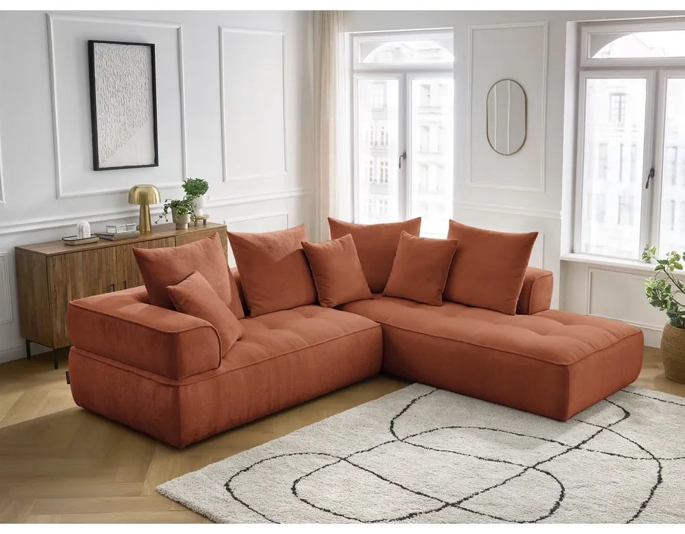 Terrakotta színű zsenília sarokkanapé (jobb oldali-L alakú) Whesley – Bobochic Paris