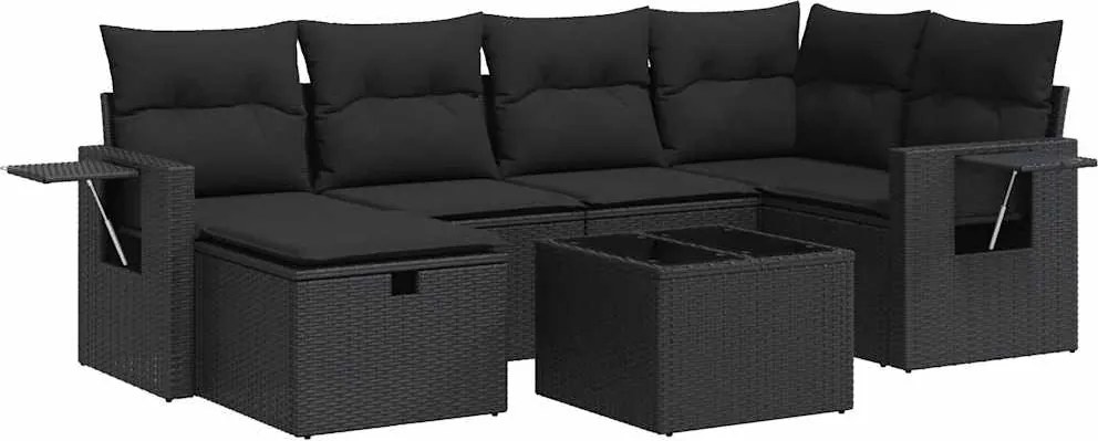 vidaXL 7 részes fekete polyrattan kerti ülőgarnitúra párnával