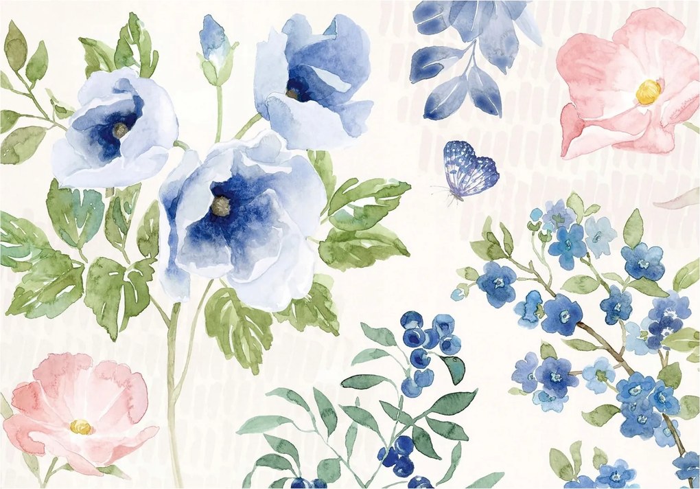 Fotótapéta Akvarell virágok Pipacsok Rózsák Pillangó bogyók háttér 200x140 +ragasztó