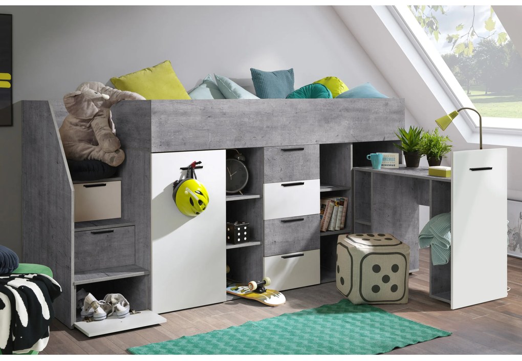 Kombinált gyerekágy 90 cm Kesa 3 (beton + matt fehér) (B). 1085824