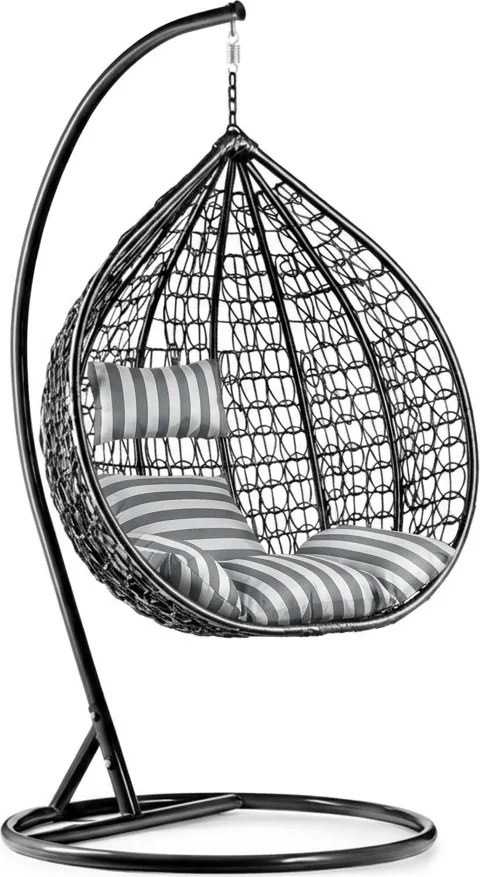 Fekete függő fotel KOKON állvánnyal, fehér-szürke párna