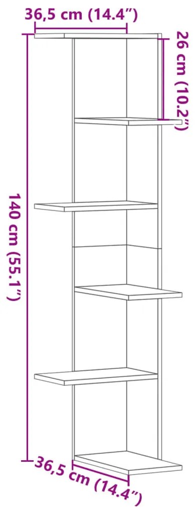 betonszürke szerelt fa fali sarokpolc 36,5 x 36,5 x 140 cm