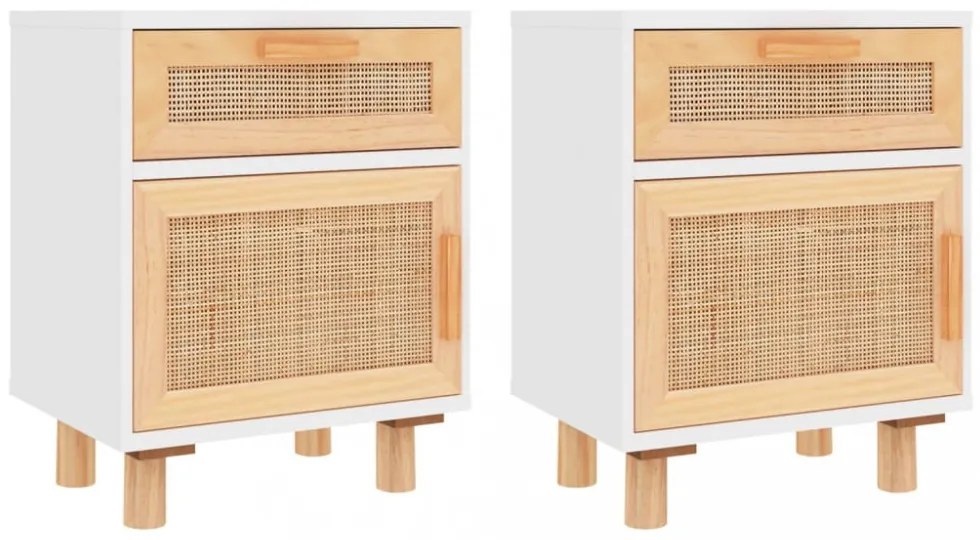 2 db fehér természetes rattan éjjeliszekrény