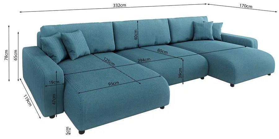 Türkiz kordbársony kinyitható tárolóhelyes sarokkanapé Sara – Ropez