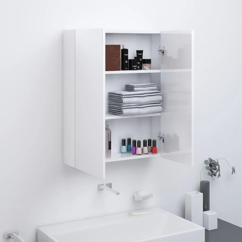 fényes fehér MDF tükrös fürdőszobaszekrény 60 x 15 x 75 cm