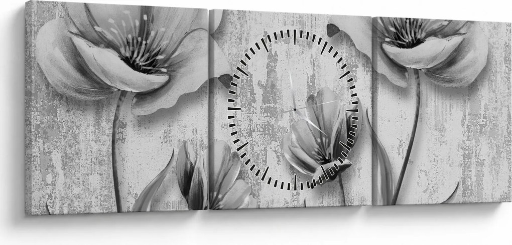Kép - Fekete-fehér virágok a háttérben (órával) (90x30 cm)
