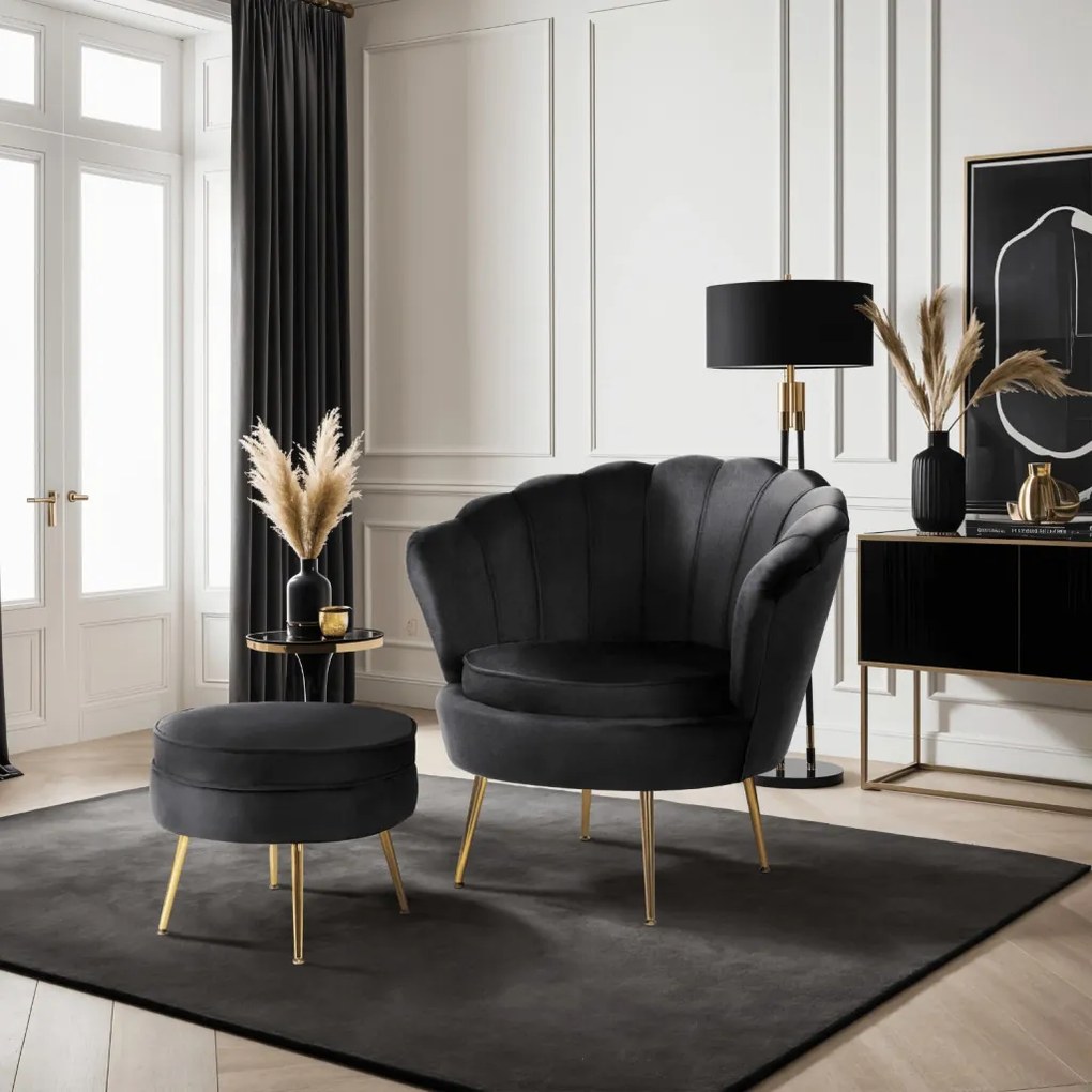 Fotel GRAND z Podnóżkiem Czarny Welurowy