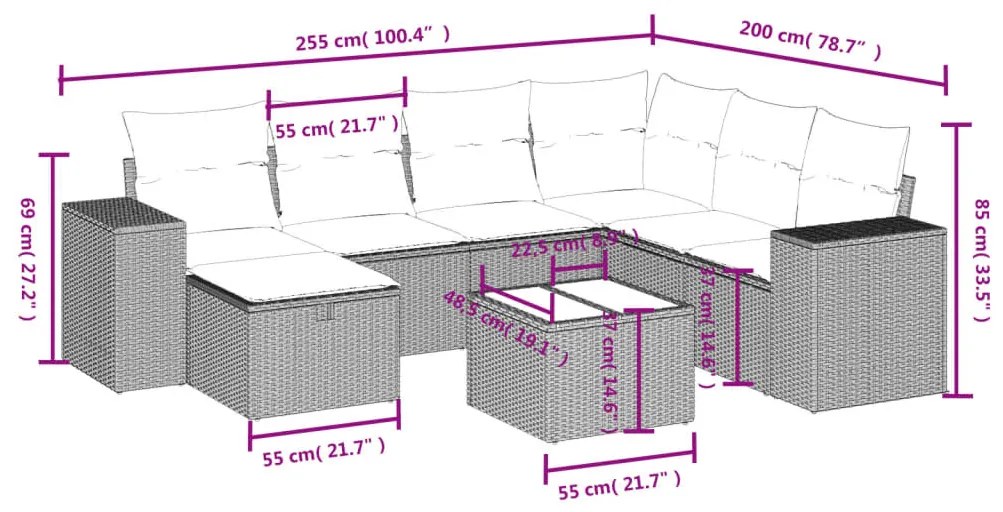 8 részes világosszürke polyrattan kerti ülőgarnitúra párnával