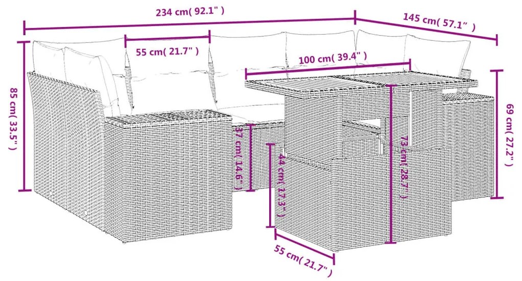 7 részes szürke polyrattan kerti ülőgarnitúra párnákkal