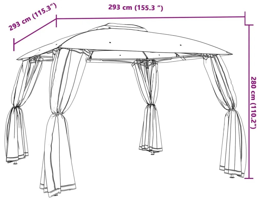 krémszínű acél dupla tetős pavilon hálós falakkal 2,93 x 2,93 m