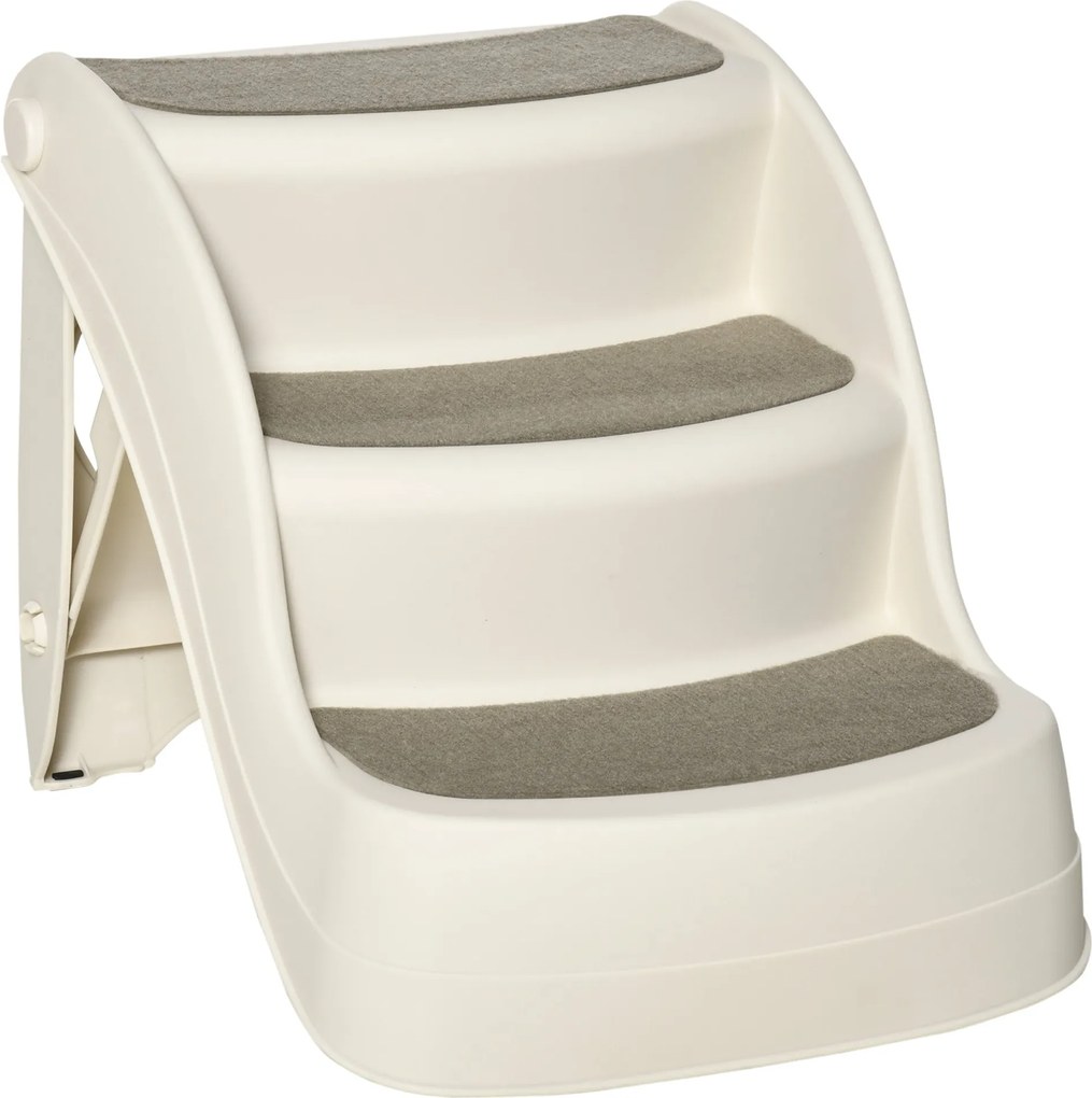 PawHut 3-lépcsős Összecsukható Műanyag Kutyalépcső Csúszásmentes Szőnyegekkel Ágy Sofa Teherbírás: 15 kg 49x38x38 cm Krém | Aosom