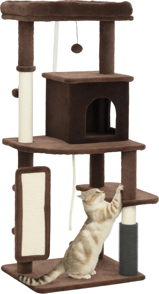 PawHut Macska Kaparófa 132 cm Magas Macska Fa Macska Torony Platformokkal, Kefe, Lógó Labdákkal és Kaparó Lappal Barna | Aosom