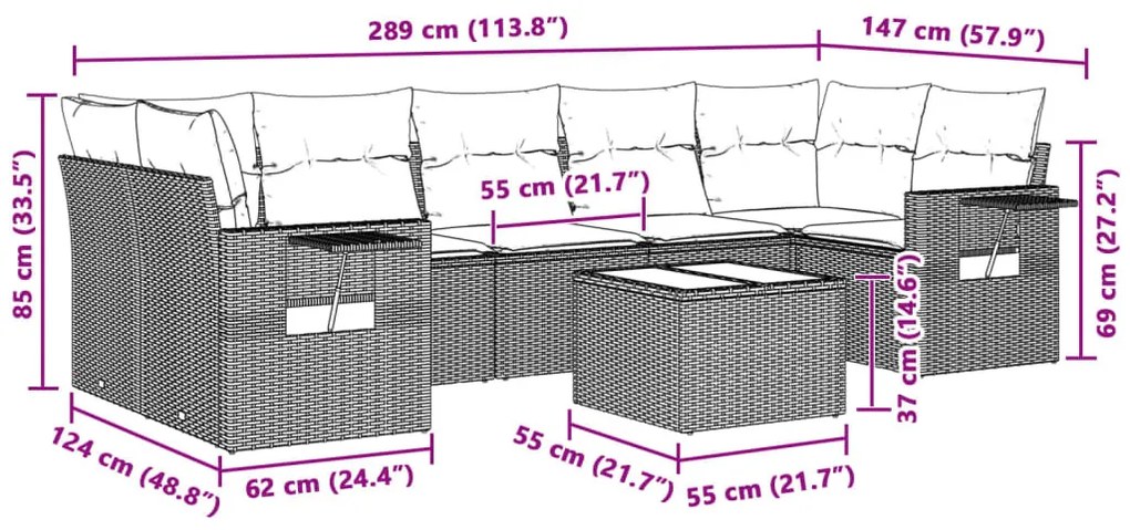 8 részes világosszürke polyrattan kerti ülőgarnitúra párnával