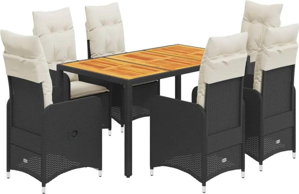 vidaXL 7 részes fekete polyrattan kerti bisztrógarnitúra párnákkal
