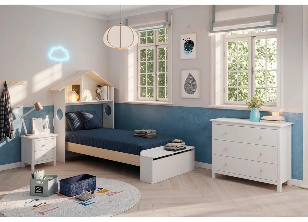 Fehér-natúr színű házikó alakú gyerekágy borovi fenyő dekorral, tárolóhellyel 90x190 cm Odessa – Marckeric