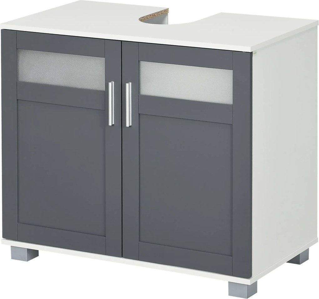 Kleankin Mosdó Alatti Szekrény Két Temperált Üvegajtóval és Állítható Polccal 69x35x59 cm Fehér és Szürke | Aosom