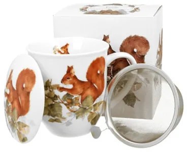 Porcelánbögre tetővel, fémszűrővel, 400ml, dobozban, Squirrel