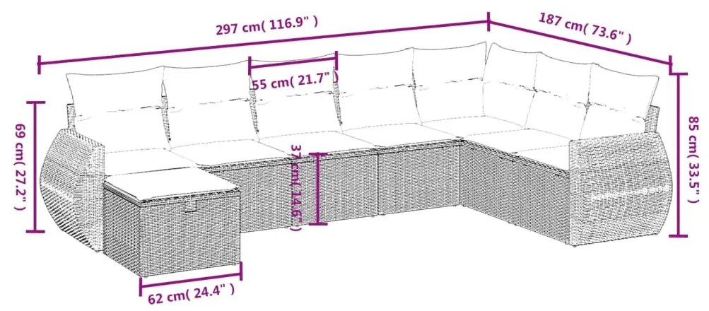 8 részes fekete polyrattan kerti ülőgarnitúra párnákkal