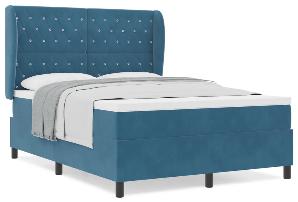 Boxspring Ágy Matraccal Sötét Kék - 140x200 cm - Bársony