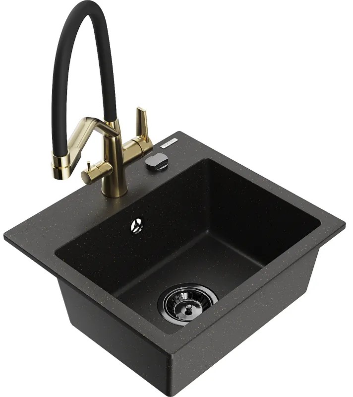 Mexen Milo egykamrás gránit mosogató Duo konyhai csapteleppel, fekete/arany metál - 6505-75-671701-57-B