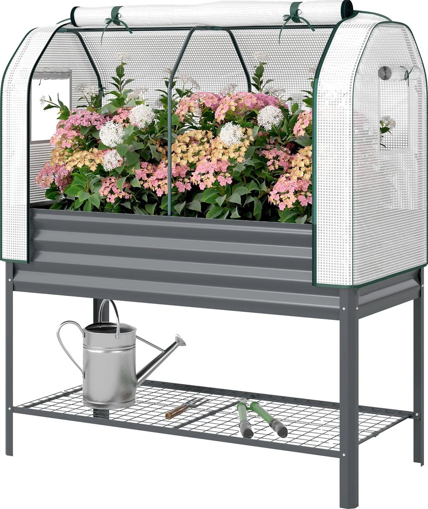 Outsunny emelt növénytartó PE üvegházfedéllel — Horganyzott emelt virágágyás 167 l, bélés és alsó polc, 120 x 55 x 140 cm | Aosom