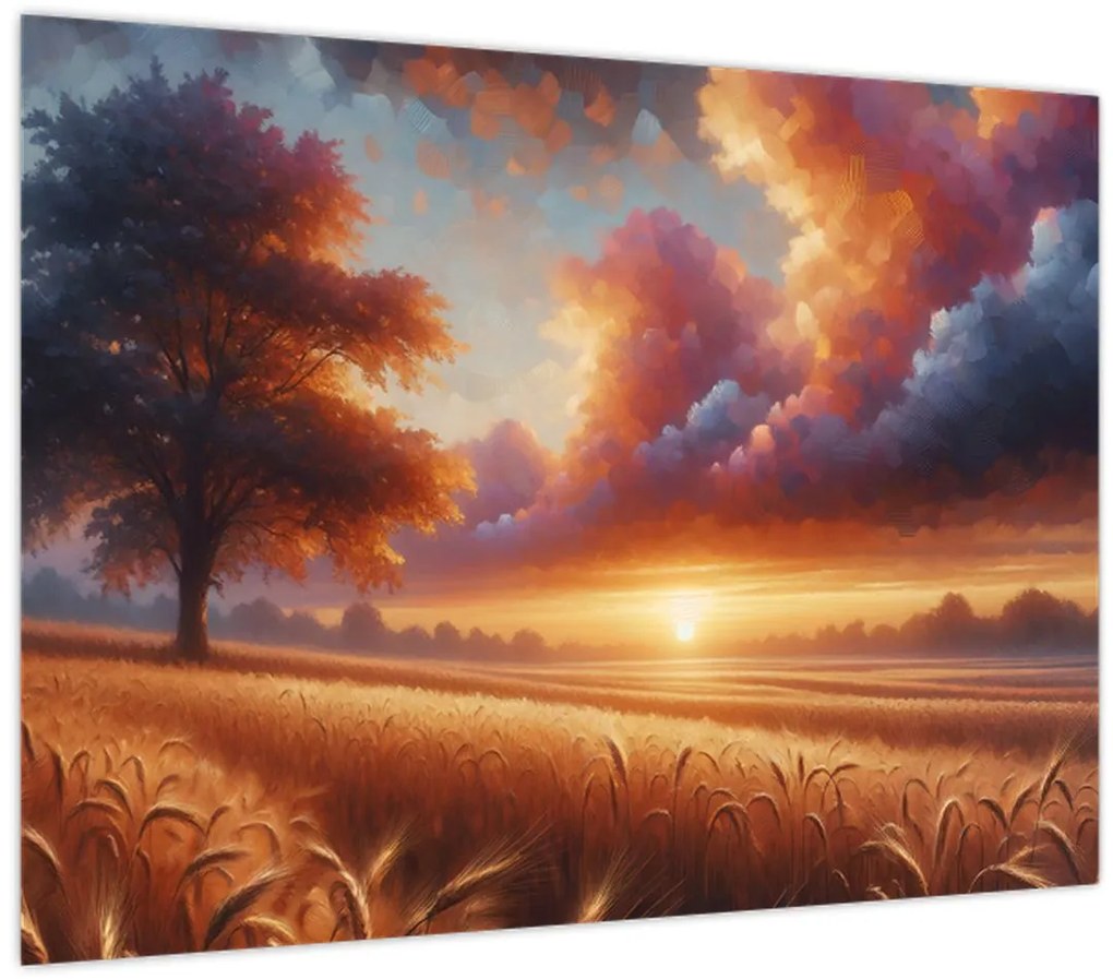 Üveg kép – Naplemente a mezőn (70x50 cm)