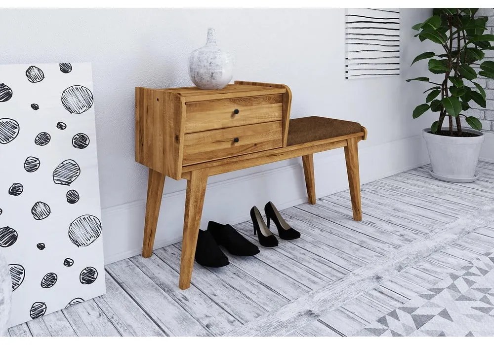 Fiókos tölgyfa pad, narancssárga ülőrésszel Retro - The Beds