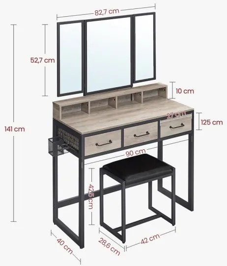 FLORA sminkasztal puffal 28,6x42 cm szürke/fekete