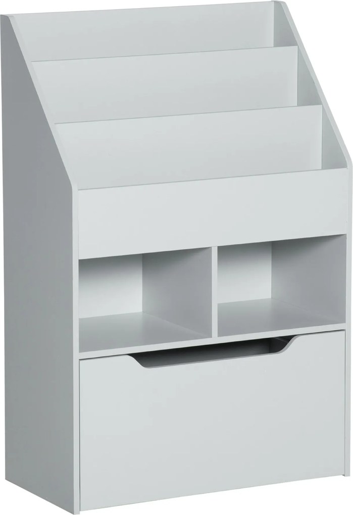 HOMCOM Gyermek Fa Polc 3 Rekesszel, 2 Kockával és Mobil Fiókkal 4 Kereken, Gyerek Könyvespolc Gyerekszobába és Játszószobába, 60x29,9x90 cm Szürke | A