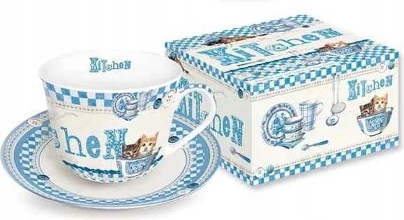 Porcelán Csésze Csészealj Blue Kitchen Cica