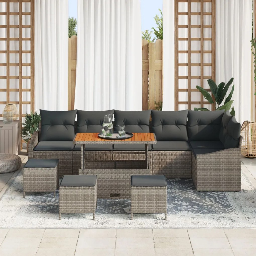 9 darabos kertiszófa szett párnákkal szürke poli rattan akáccal, 2 fős kertiszófa párnákkal szürke poli rattan, 3 darabos kertészeti étkező szett párnákkal szürke poli rattan akáccal