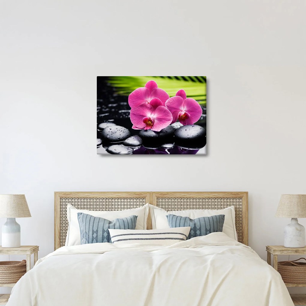 Kép - Rózsaszín orchidea pálmalevéllel (70x50 cm)
