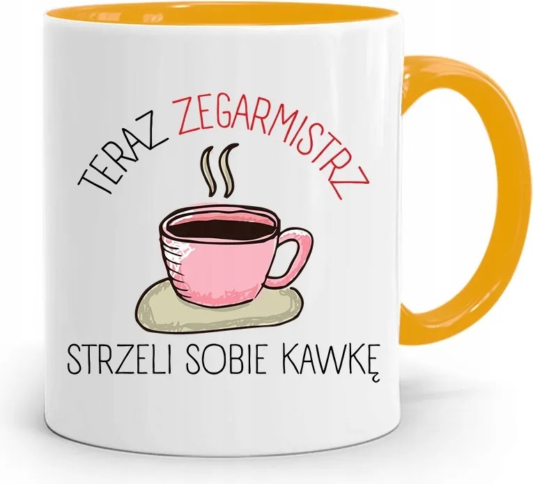 Sárga Bögre Az Óramesternek, Kávét Lő Magának, fényképes nyomattal