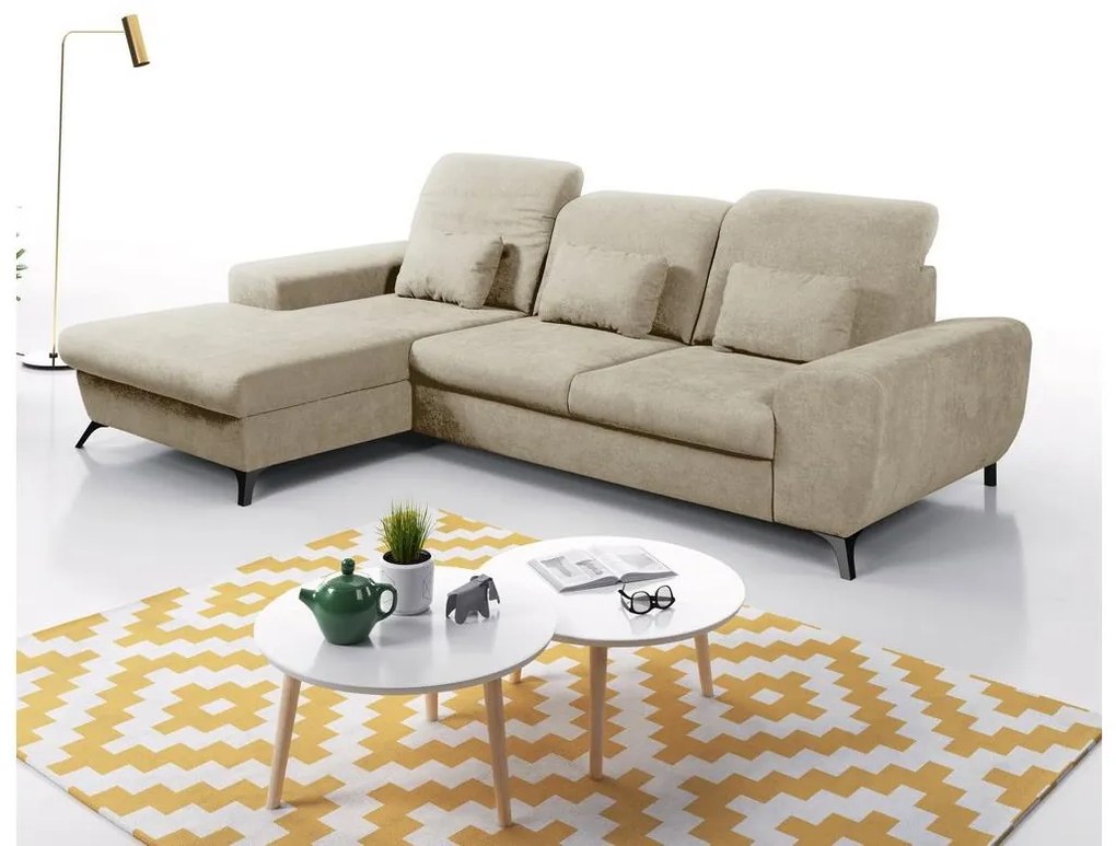 ALTA balos kivitelű, ággyá nyitható L-alakú kárpitozott sarokülőgarnitúra tárolóval, bézs