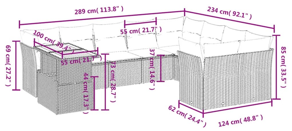 10 részes fekete polyrattan kerti ülőgarnitúra párnákkal