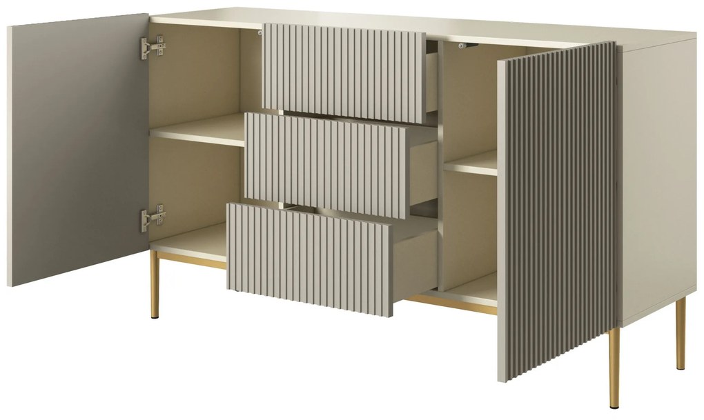 Nicole komód 150 cm fiókos, bordázott előlap - kasmír / arany lábak