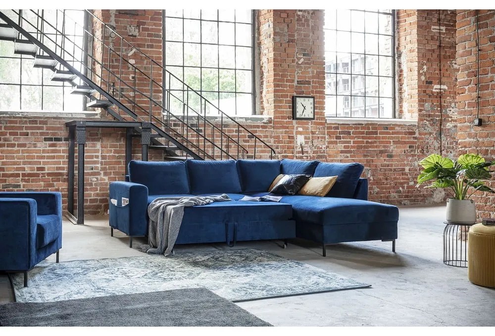 Sötétkék bársony kinyitható sarokkanapé (jobb oldali) Lofty Lilly – Miuform