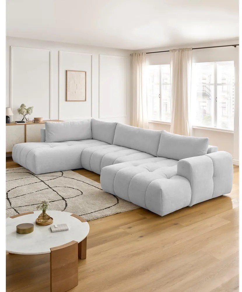 Világosszürke kinyitható-tárolóhelyes sarokkanapé (bal oldali-U alakú) Fuji – Bobochic Paris