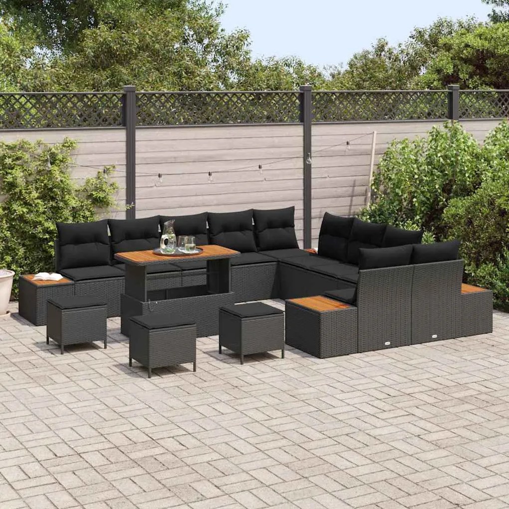 Kerti Kanapé Szett párnával tárolóval 14 pcs Fekete Poli rattan
