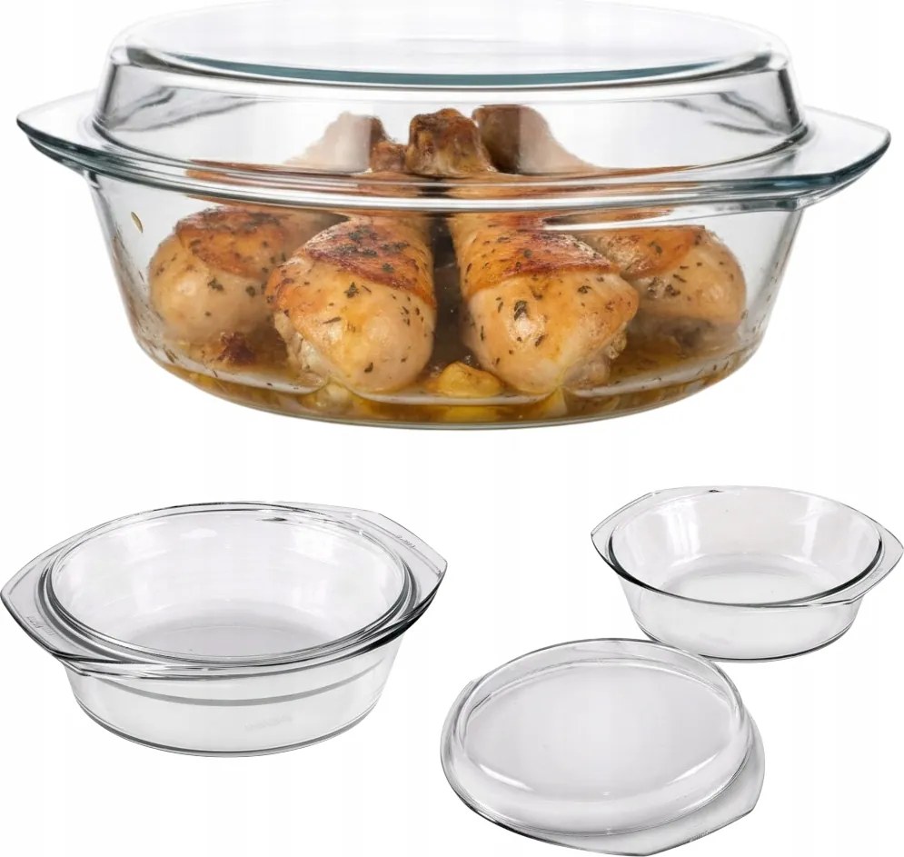 3,5+1,5 L-es Hőálló Edény Fedővel, Kerek Üveg Sütőhöz