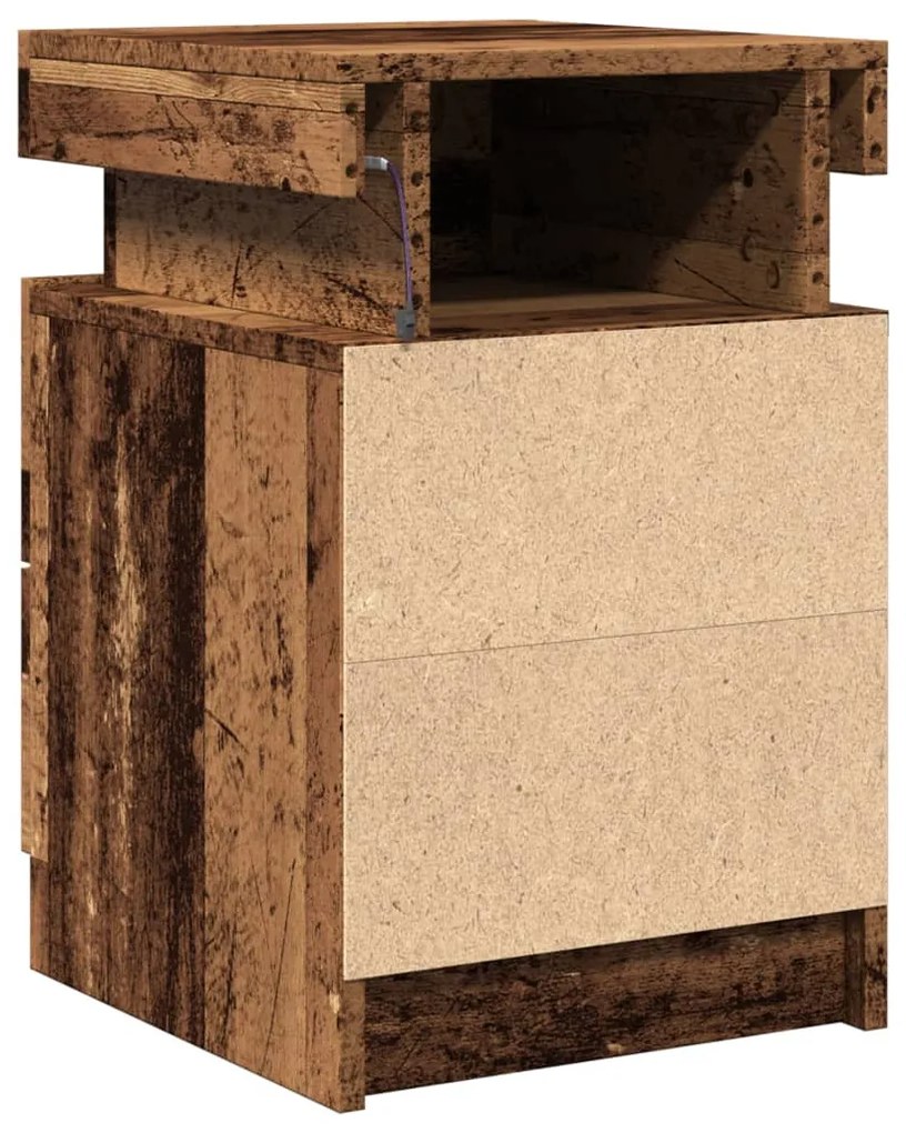 2 db antik fa színű szerelt fa LED-es éjjeliszekrény 35x39x55cm