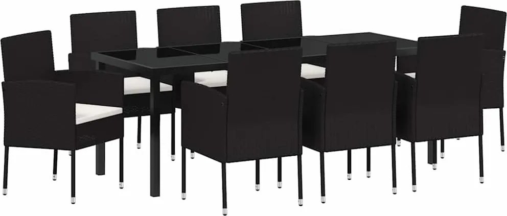 vidaXL Kert étkező szett párnával 9 pcs Fekete polirattan